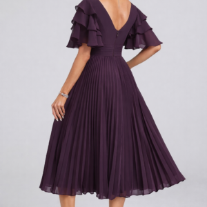 Alternative view of Chiffon Pleated Tea Length Dress with Ruffle and Rhinestone Detail