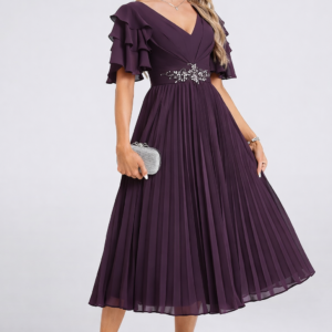 Chiffon Pleated Tea Length Dress with Ruffle and Rhinestone Detail