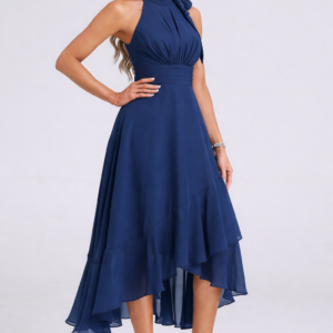 Halter Chiffon Tea Length Dress with Bow and Asymmetrical Hem