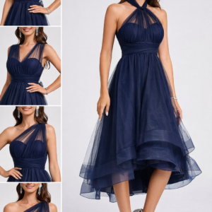 Convertible Tulle Midi Dress with Asymmetrical Hem and Faux Wrap Design