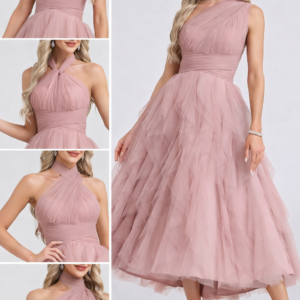 Convertible Tulle Tea Length Dress with Cascading Ruffles and Boning