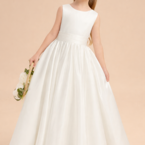 A Line Satin Floor Length Dress with Bow Detail and Scoop Neck