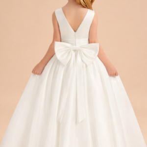 Alternative view of A Line Satin Floor Length Dress with Bow Detail and Scoop Neck