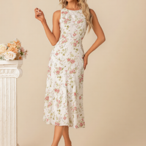 Sleeveless Scoop Neck Printed Fabric Tea Length Sheath Dress