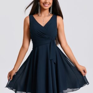 Sleeveless V Neck Pleated Chiffon A Line Short Dress