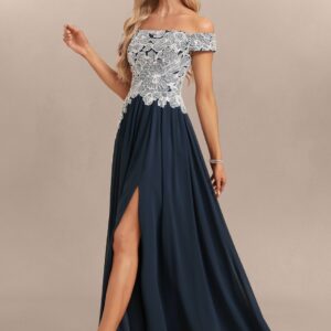 Off Shoulder Chiffon Sweep Train Dress with Lace Appliques and Sequins