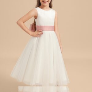 A Line Tea Length Tulle Dress with Satin Sash and Bow Detail