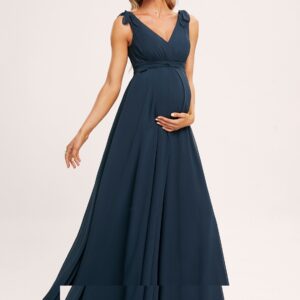 Maternity V Neck Chiffon A Line Floor Length Dress with Bow Straps