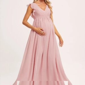 Maternity V Neck Flutter Sleeve Chiffon A Line Floor Length Dress