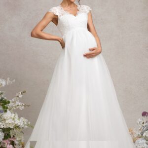 Maternity V Neck Lace Ball Gown Wedding Dress with Cap Sleeves