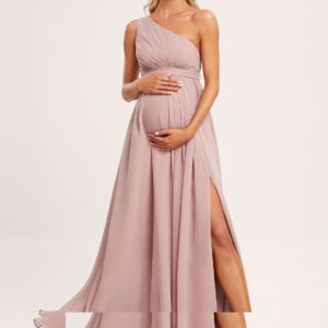 Maternity One Shoulder Chiffon A Line Floor Length Dress with Ruffle