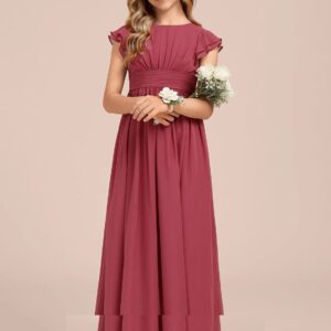 A Line Chiffon Floor Length Dress with Scoop Neck and Flutter Sleeves