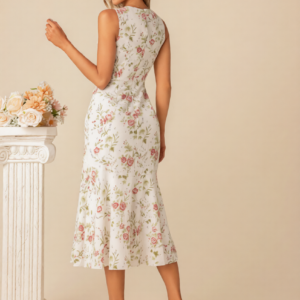 Alternative view of Sleeveless Scoop Neck Printed Fabric Tea Length Sheath Dress