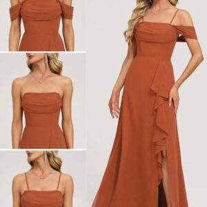 Off Shoulder Ruched Chiffon A Line Floor Length Dress with Leg Slit