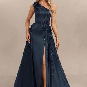 One Shoulder Satin Floor Length Dress with 3D Floral Overskirt
